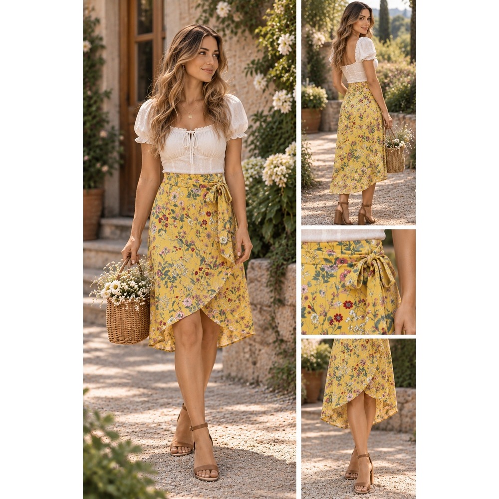 LOFT Floral Faux Wrap Skirt Midi Size 2 Butter Yellow High Low Cottage Core 1630